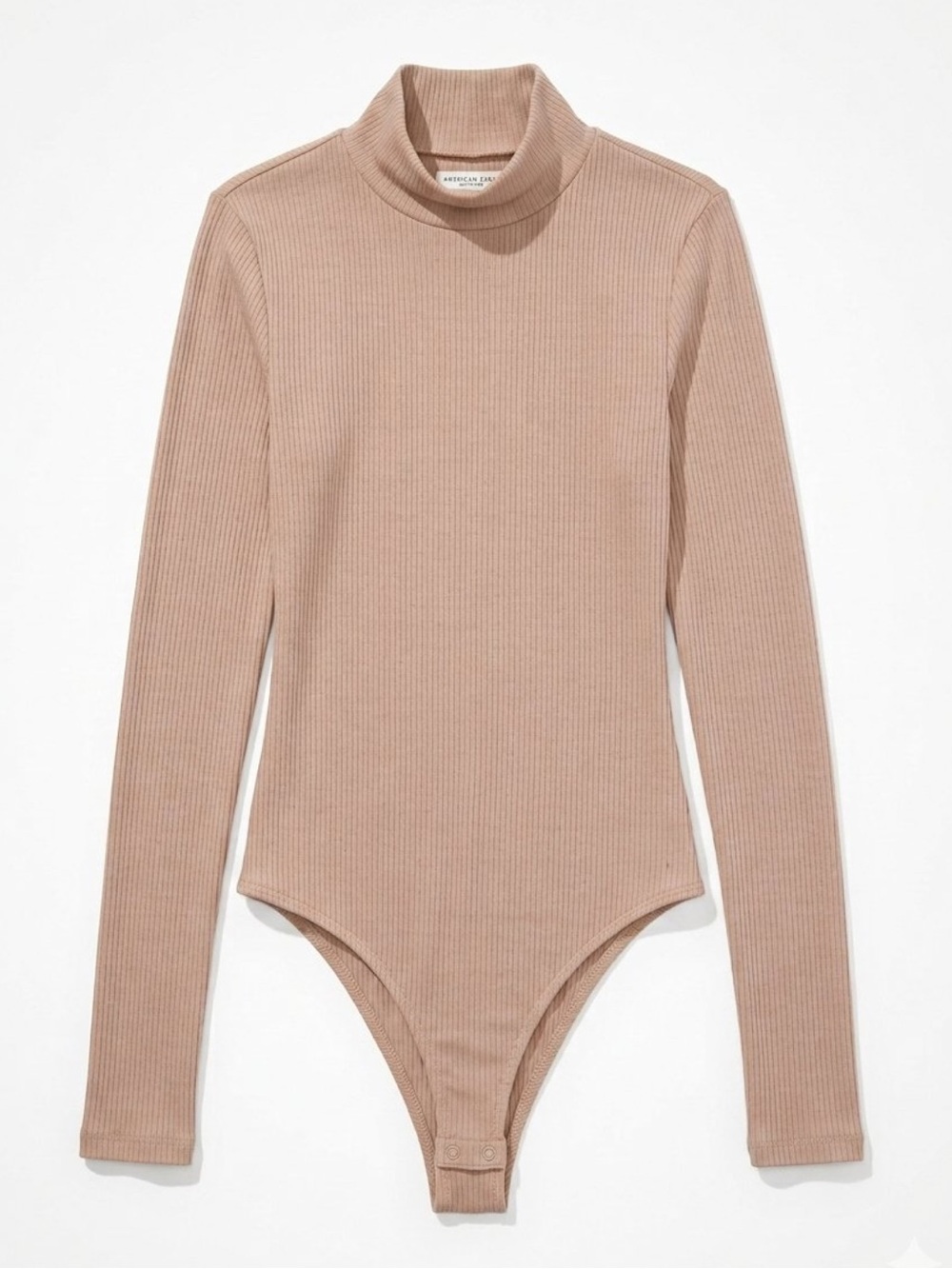 American Eagle Mock Neck Long Sleeve Bodysuit Tan Ribbed Knit Slim Fit